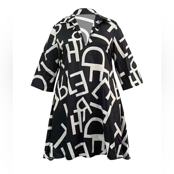 Plus Size Letter Print Long Sleeves Turn Down Collar Dress - Picture 5 of 8